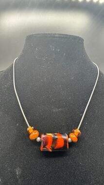 Striped Amber Lampwork Glass Bead Necklace